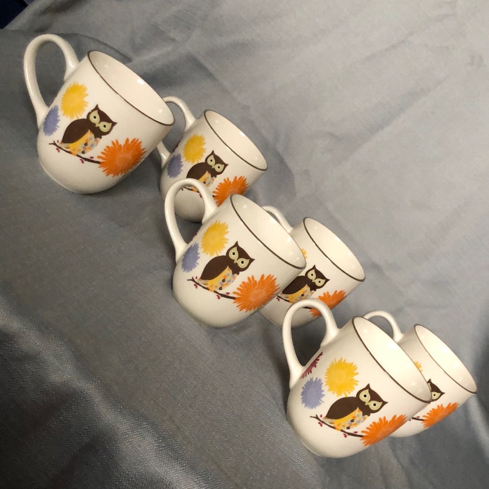 6 owl mugs. The hoot-n-Nanny collection. 2012 Ashley May